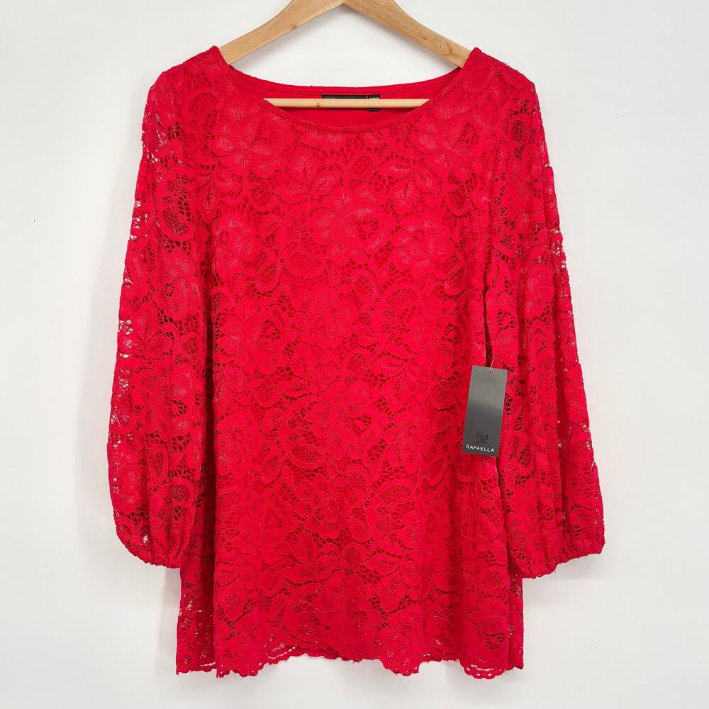 Rafaella NWT Red Lace 3/4 Sleeve Stretch Top Size M